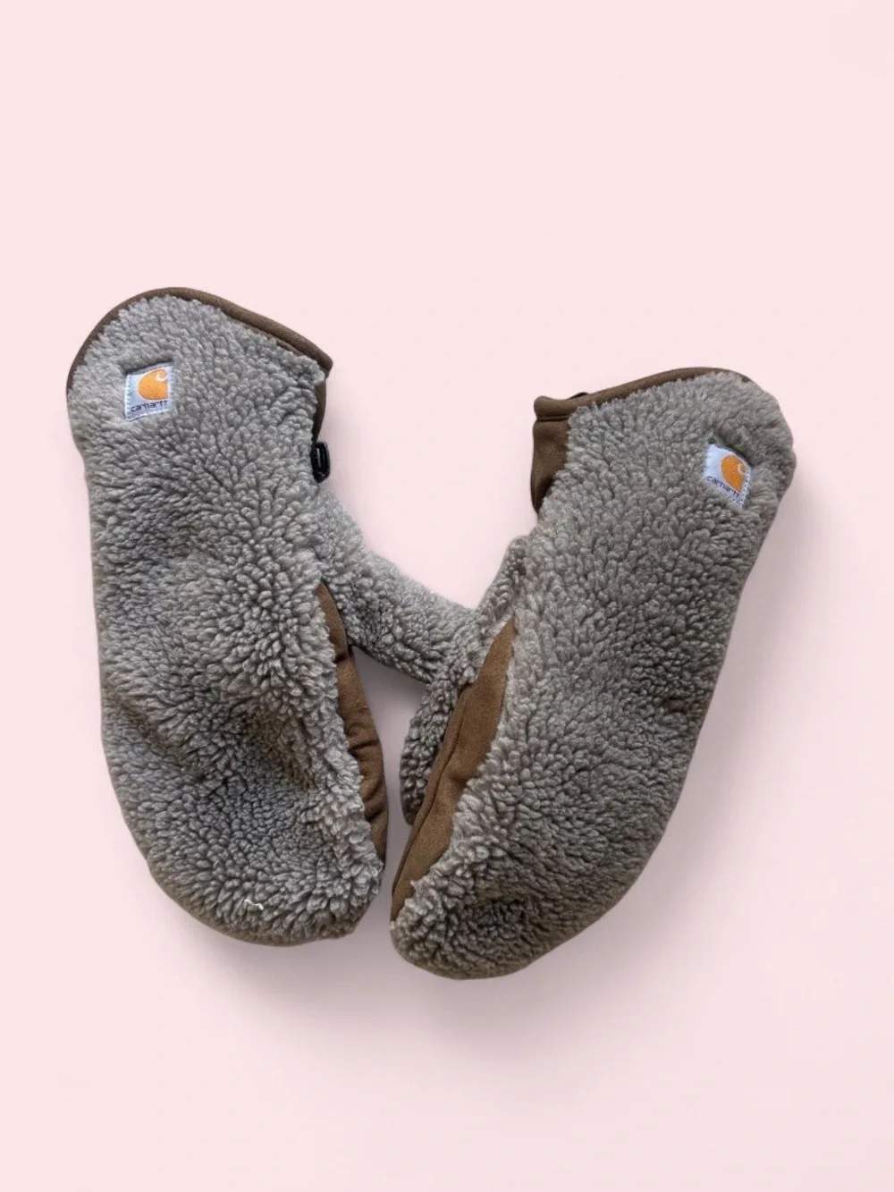 Carhartt Gray Sherpa Fleece Mittens with Brown Trim